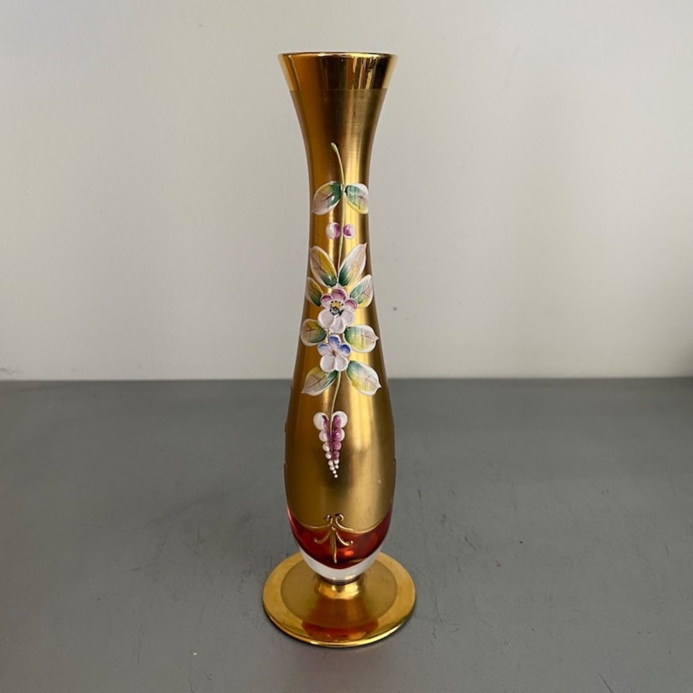 Bohemian Ruby Red Bud Vase with Raised Enamel Flowers Vintage  8 Inches.